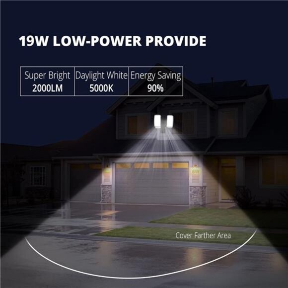 19W LED Flood Light Motion Sensor Outdoor, 2 Adjustable Head, 2000LM, 5000K - Picture 2 of 8